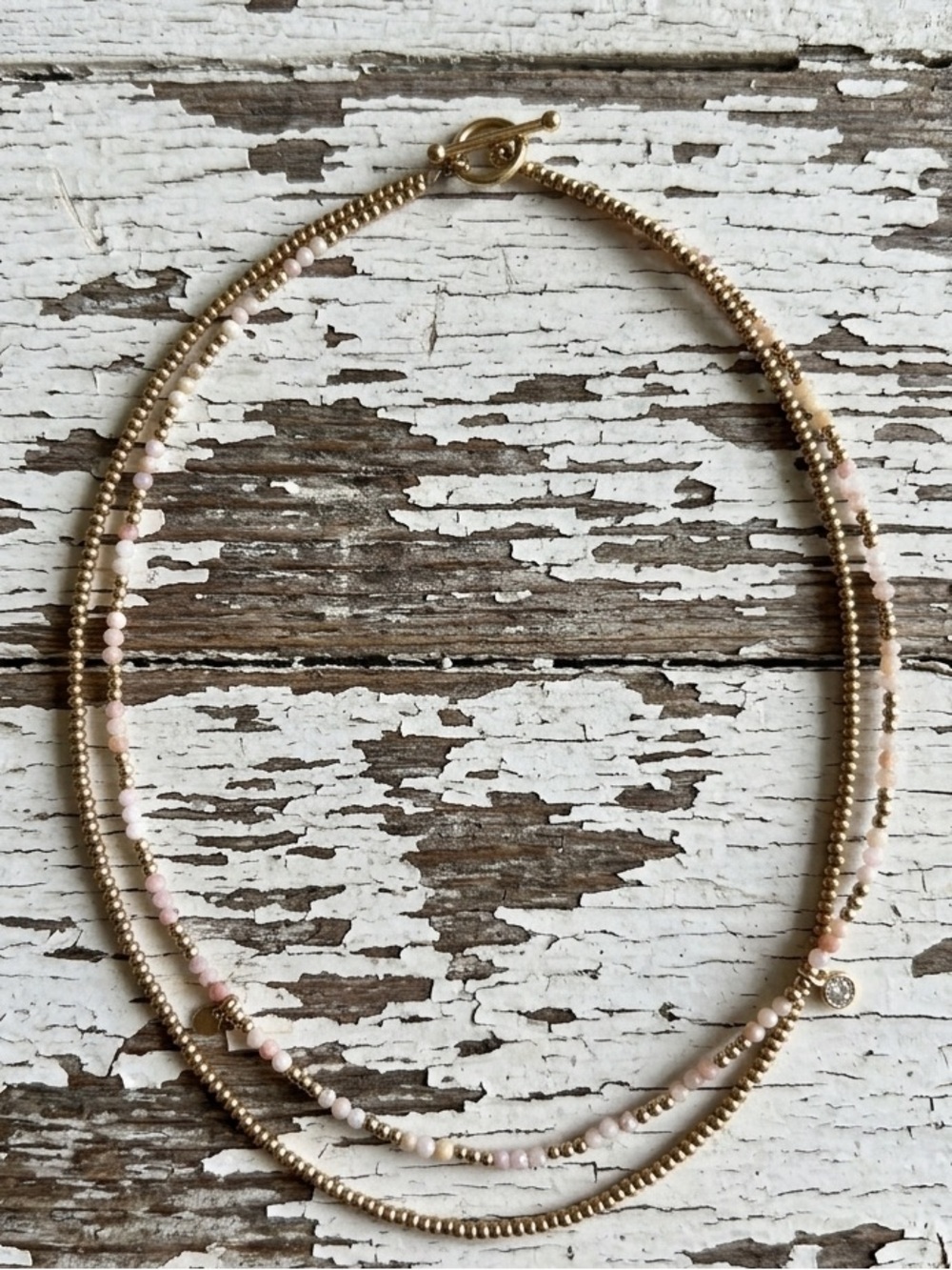 Gold Filled, Pink Opal & Matte Gold Double Strand Necklace w/Gold filled Charms